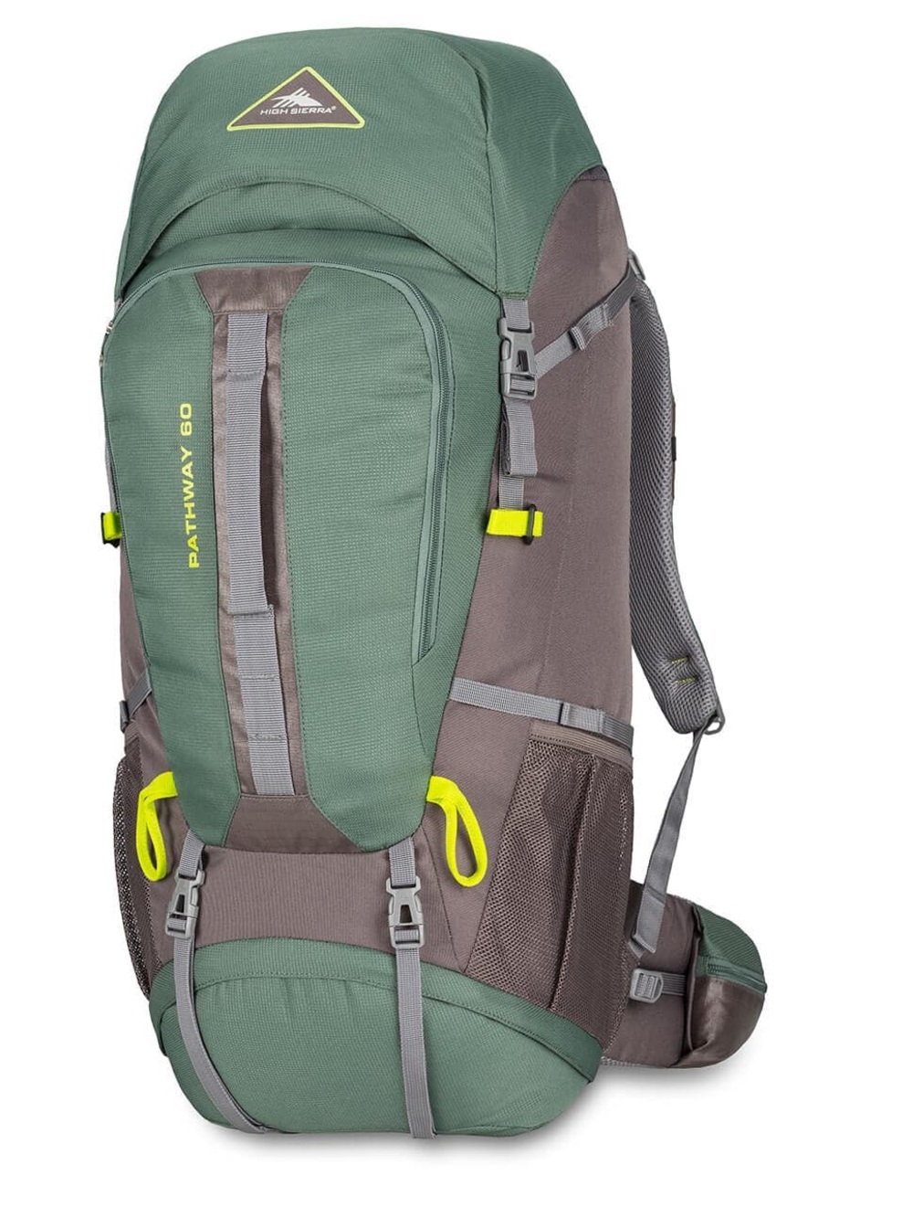 High Sierra green and gray hiking backpack with yellow accents